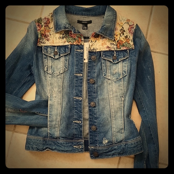 Forever 21 Jackets & Blazers - Forever 21 Blue Denim Jacket with Floral Accents
